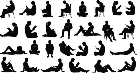 Silhouettes of people reading books or using tablets while sitting, relaxing, and studying in various poses for education and design