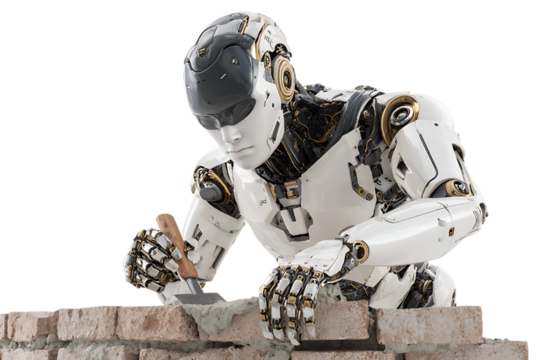 Futuristic robot building a brick wall.
