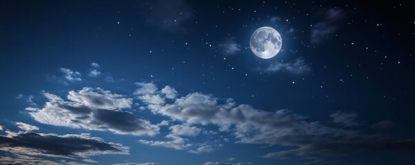 Full moon and starry night sky with clouds