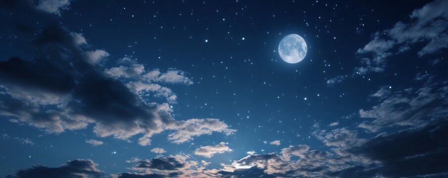 A celestial night sky with a full moon and clouds.