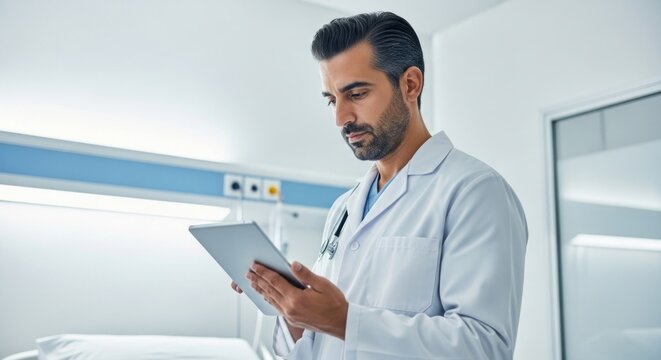 A doctor using a digital tablet in a hospital room.