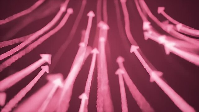 Fuzzy, pink arrows point upwards, converging towards a hazy light, set against a darker magenta background