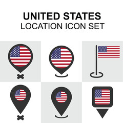 Stylized U.S. flag-based map pins in various designs for use in travel guides, digital maps, or educational content.