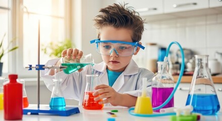 A young child wearing a lab coat and safety goggles, pouring colorful liquids into a beaker in a kitchen setting.