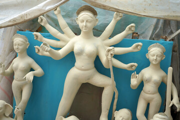 Raw Clay Durga Idol in Early Stage of Crafting
