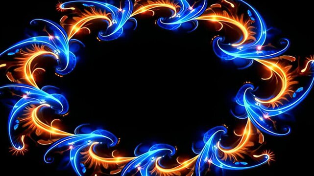 A luminous Fractal Border Frame expanding in recursive loops unfurls against a stark black background, illuminating the void with vibrant, swirling hues of electric blue and radiant gold, as