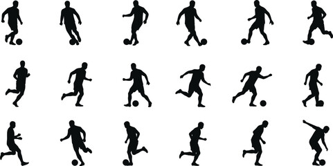 Silhouette of football player running, dribbling, kicking ball, soccer athlete motion poses, sportsman activity, fitness movement, black figure icon