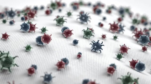 Microscopic pathogens in red, green and blue on patterned white fabric. Focus varies
