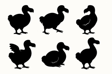 Obraz premium This unique silhouette set features six dodo birds in various poses, including standing and sitting. Perfect for wildlife, extinct species, nature, and education themes. Ideal for animal art, history 