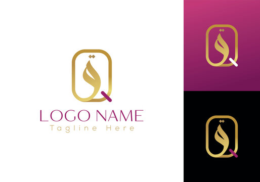 Elegant Golden Q and Qaf ق Logo Design Featuring an Abstract Letter within a Rounded Square Frame, Suitable for Branding