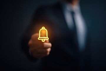 Businessman hand touches glowing notification bell