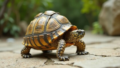Fototapeta premium Turtle with Yellow and Black Shell Walking on Stone Path in Natural Environment