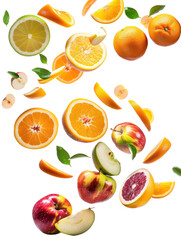 Obraz premium Fruit slices and leaves against a transparent background