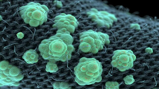 Microscopic view of green, bud-like growths on woven gray material with stray fibers in focus