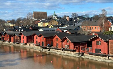 Historic old red wooden fishing houses of Porvoo, Finland