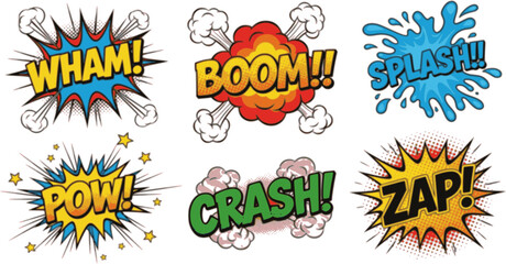 A collection of various comic book sound effect words, including "BOOM," "CRASH," and "ZAP".