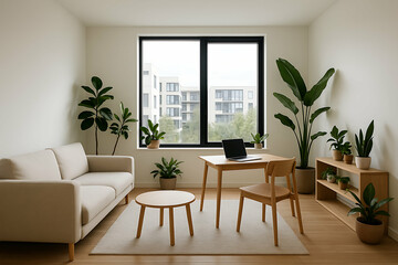 minimalist home for digital nomad. Minimalist living room with natural light, wooden furniture, indoor plants, and a laptop on a desk by a large window overlooking modern buildings.
