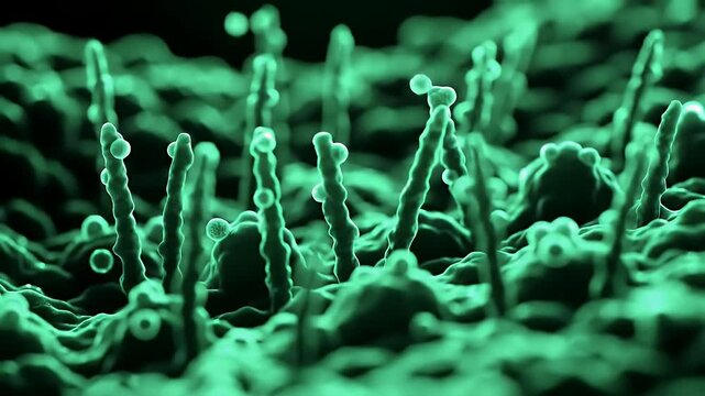 Rendered green tendrils rise from a lumpy surface, some with small spheres attached. Soft, organic and microscopic