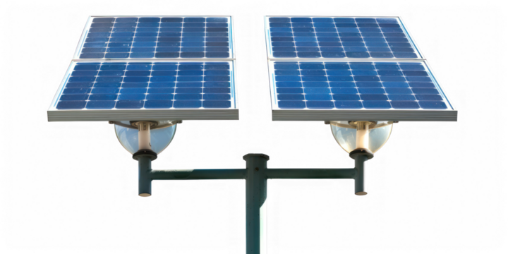 Two solar panels mounted on a metal pole with a transparent background