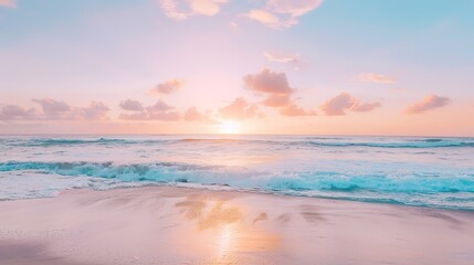 Obraz premium Soft pastel sunset painting the sky over a calm ocean beach, with gentle waves lapping the shore. The sky blends hues of pink, blue, and purple, while the water mirrors the serene colors, 