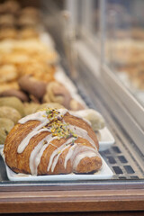 Delicious pastry display at a bakery in the afternoon