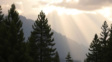 Sun rays through trees in mountains
