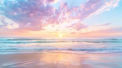 Obraz premium Soft pastel sunset painting the sky over a calm ocean beach, with gentle waves lapping the shore. The sky blends hues of pink, blue, and purple, while the water mirrors the serene colors, 