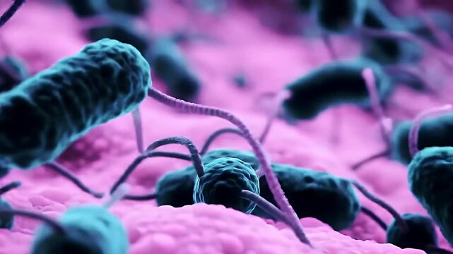 Teal oblong shapes with tails on magenta field. Microscopic cell-like forms closeup in an abstract biological setting