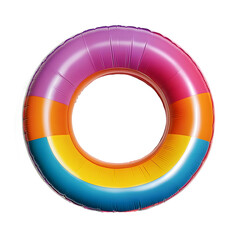 Vibrant inflatable swimming ring with colorful sections of purple pink orange yellow and blue isolated on transparent background