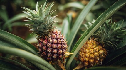 Obraz premium Close-up of ripe pineapples on plant, surrounded by sharp green leaves.