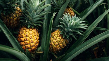 Close-up of ripe pineapples on plant, surrounded by sharp green leaves.