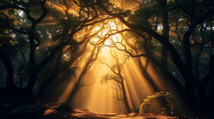 Sunbeams illuminate mystic forest canopy