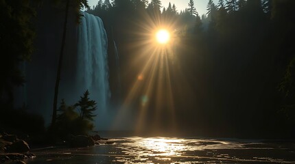 Sunburst Illuminates Cascading Waterfall Scene