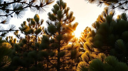 Sunbeams pierce through evergreen forest canopy
