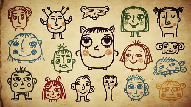 Whimsical drawings of faces with various expressions fill a textured background, colored with soft pastel hues and loose linework