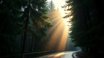 Sundrenched rain in forest creates ethereal glow