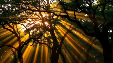 Sunburst through the canopy illuminating forest
