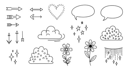 Doodle set arrow, heart, speech bubble, cloud, bush, flower, stars, sparkle decoration element