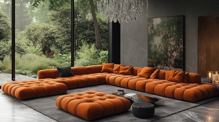 Modern living room with orange velvet sofa and garden view outside. Showcase luxurious interior design for website and social media posts.