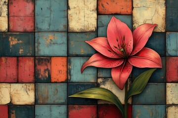 A vivid pink lily with green leaves on distressed color block background. Use this for art, design, or to show floral and vintage themes.