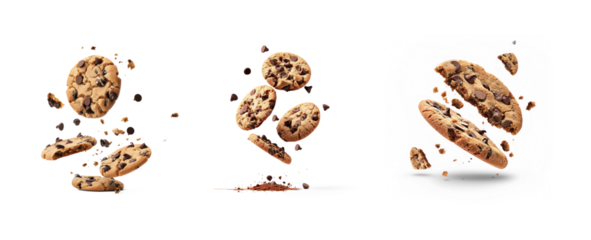 Three chocolate chip cookies in mid-air with chocolate chips scattered around.