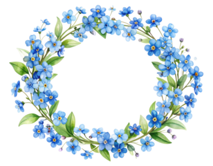  “Watercolor Illustration of Forget-me-not Wreath with Green Leaves, isolated on transparent background