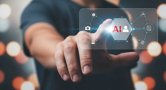 Person touching digital interface with A I icons artificial intelligence