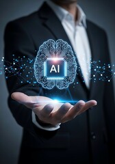 Man holding glowing artificial intelligence brain technology