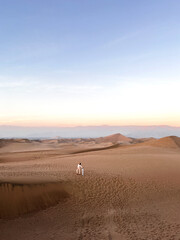 Vertical photo of woman in bright coloured clothes standing in desert on dunes and holding sand board in hand right after sledding down on sand in Peru, Huacachina.