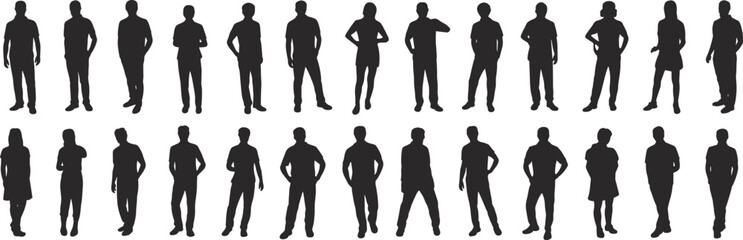 Collection of standing people silhouettes in casual poses, male and female figures isolated on white background for modern lifestyle design