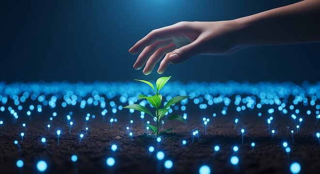 Hand nurturing green plant with blue lights growth