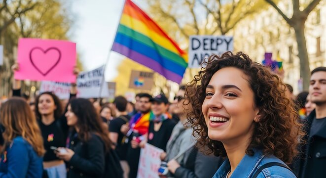 Joyful woman at pride parade rainbow flag protest