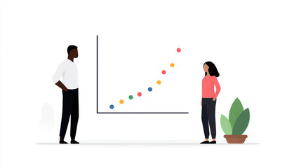 Two people observing an upward trending graph on a whiteboard in a minimalist office setting with a potted plant nearby.