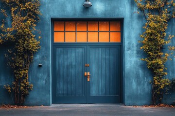 Blue door with orange windows and vines on a wall. Perfect for adding a unique backdrop or graphic element.